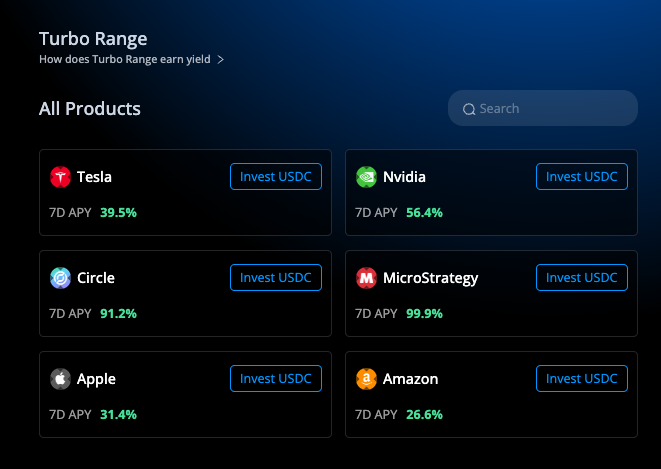 Turbo Range interface — list of available assets with yields